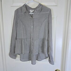 Artisan NY Linen Gray Long Sleeve Button‎ Down Peplum Top Shirt Small